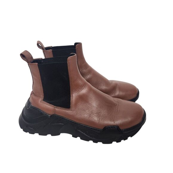 TIBI‎ Boots Womens 9.5-10 Brown Black Diego Chelsea Leather Bootie Shoes Chunky - Picture 1 of 10